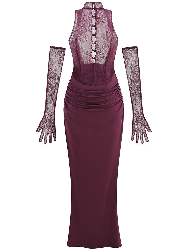 Mauve evening gown with lace gloves on a white background