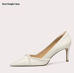 White high-heeled shoe with 6cm heel height on a light gray background