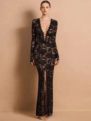 Lace Plunge Neck Maxi Dress