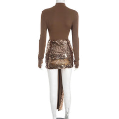 Mannequin wearing a brown long-sleeve top and gold sequin skirt on a white background