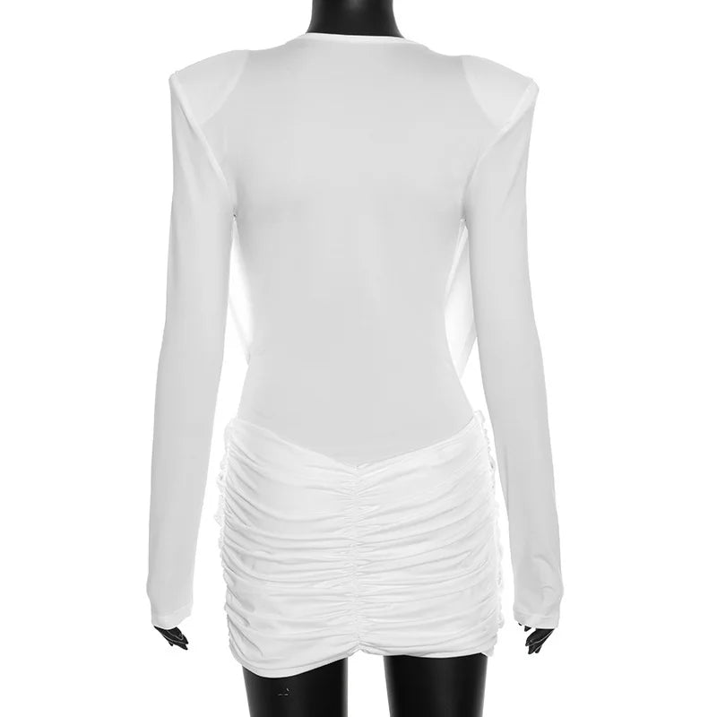 White long-sleeve dress with ruched skirt on a mannequin against a white background