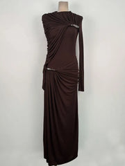 Ruched One Shoulder Long Sleeve Maxi Dress