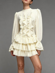 White Tiered Ruffle Mini Dress with Stand Collar