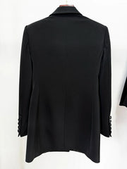 Back view of a black double-breasted blazer with embellished lapels