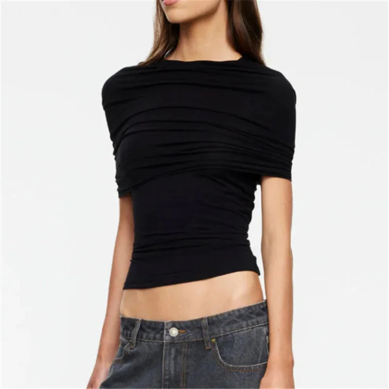 Back view of black ruched cape sleeve crop top