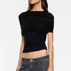 Back view of black ruched cape sleeve crop top