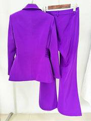 Purple belted blazer and flared trousers suit hanging back view