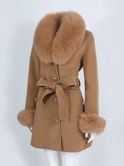 Brown coat with fur collar and cuffs on a white background