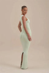 Solid Ruched Deep V-Neck Sleeveless Maxi Dress
