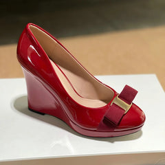 Pu Bow Platform Wedge Pumps