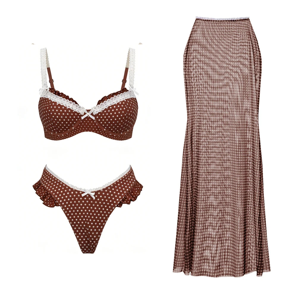 Polka dot and gingham bra and brief set with ruffled trim and a matching maxi skirt