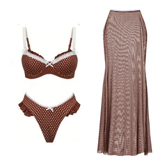 Polka dot and gingham bra and brief set with ruffled trim and a matching maxi skirt