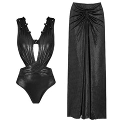 Black metallic one-piece swimsuit with V-neck cut-outs and a matching ruched maxi skirt