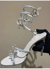 Crystal Embellished Butterfly Detail  Coiled Strap High Heels Gladiator Sandals