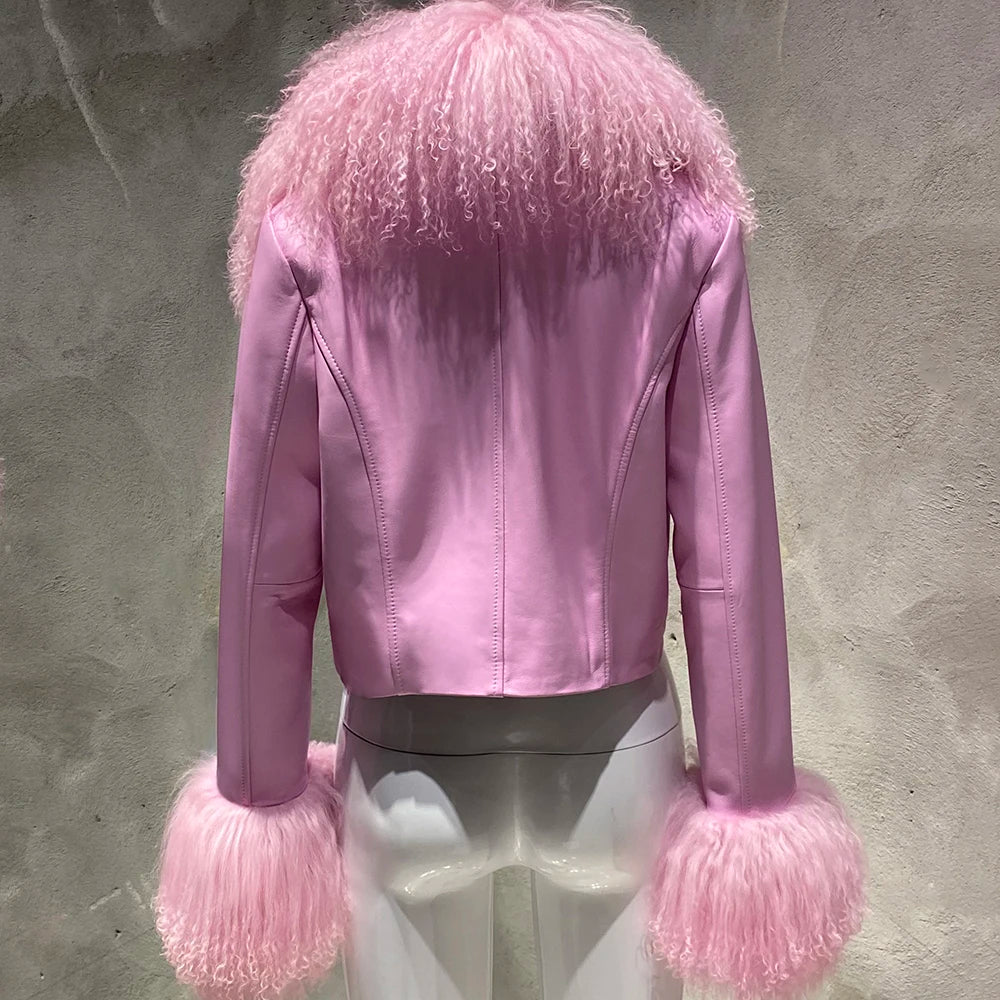 Pink jacket with fur trim on a mannequin against a gray background