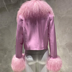 Pink jacket with fur trim on a mannequin against a gray background