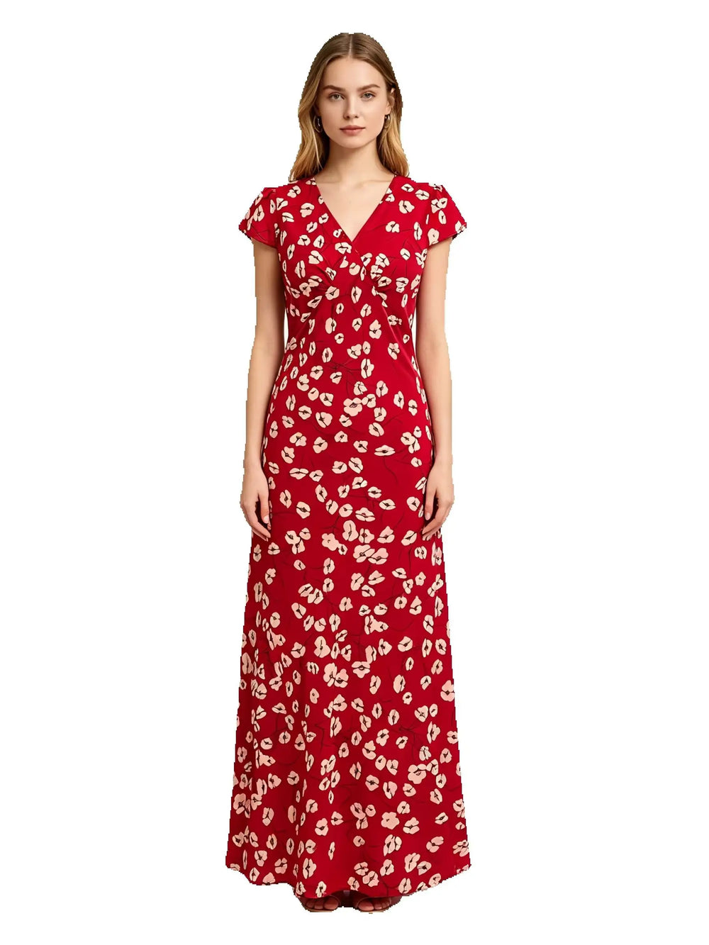 V-neck short sleeve A-line maxi dress front view