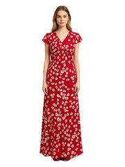 V-neck short sleeve A-line maxi dress front view
