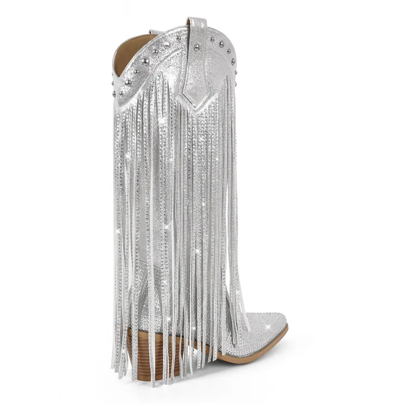 Side profile of a silver rhinestone fringe block heel western boot