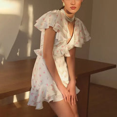 Floral Ruffled V-Neck Short Sleeve A-Line Mini Dress