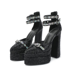 Black high-heeled shoes with crystal embellishments on a white background