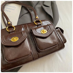 Microfiber Leather Vintage Pocket Satchel – Black & Burgundy