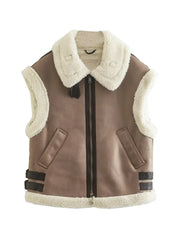 Brown vest with white fur collar and trim