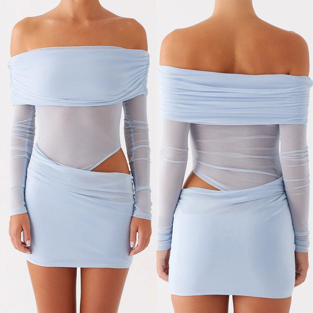 Light blue off-shoulder dress with mesh panels on a plain background