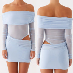 Light blue off-shoulder dress with mesh panels on a plain background