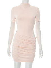 Cut-Out Ruched Mini Dress – Pink High Neck Clubwear