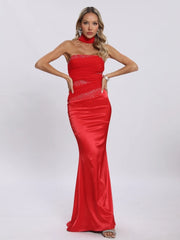 Red Satin Strapless Patchwork Gown with Draped Scarf Detail