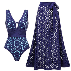 V-Neck Plunge Eyelet One-Piece Swimsuit with Matching Maxi Skirt Set