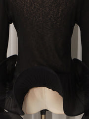 Black Pleated Flare Sleeve Sheer Knit Top