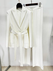 White belted blazer and wide-leg pants suit with contrast stitching, displayed on a hanger, showing the front.