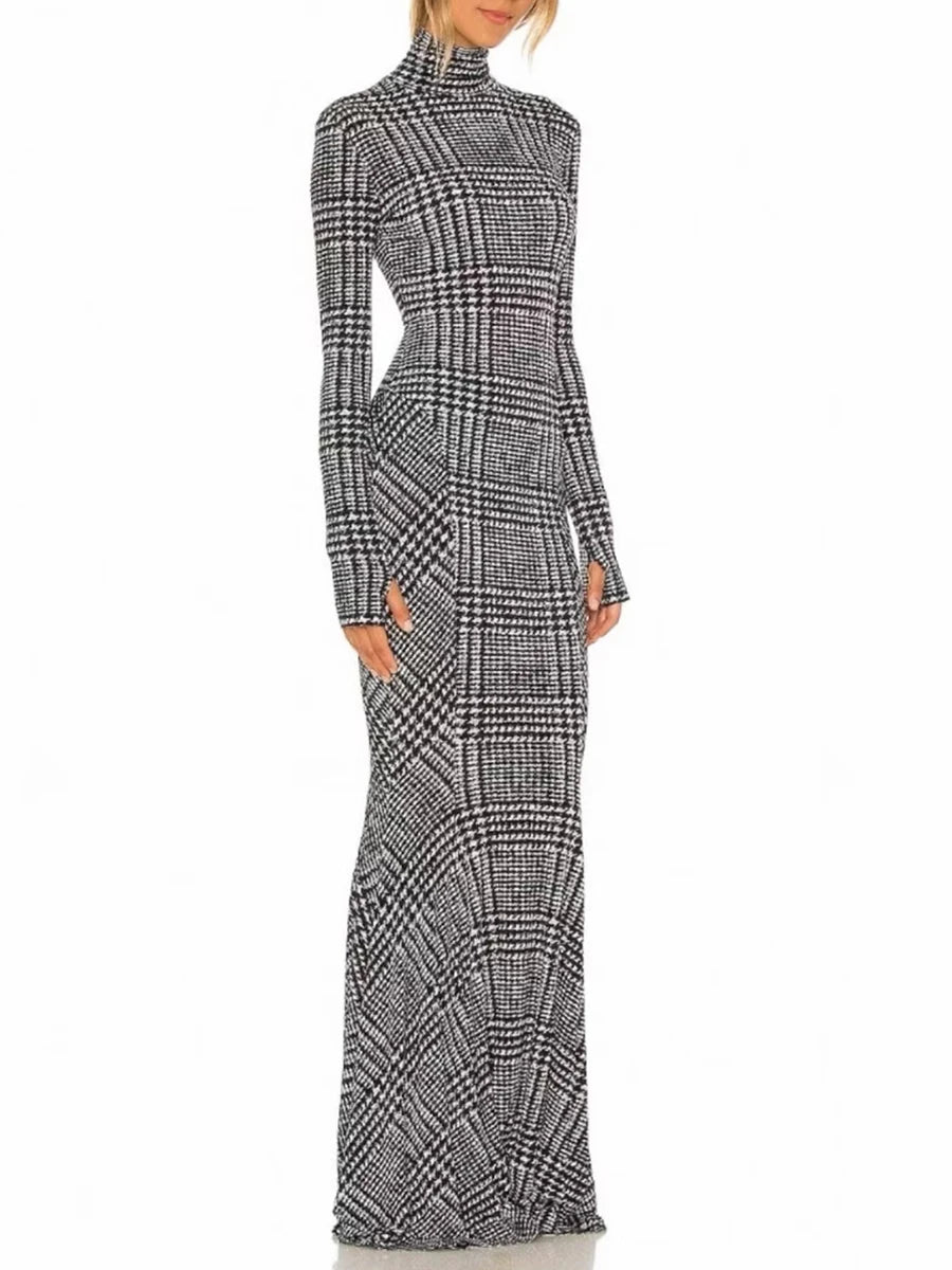 Floor-length plaid dress shown with a slim silhouette