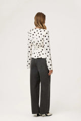 Polka Dot Ruched Waist V-Neck Peplum Top