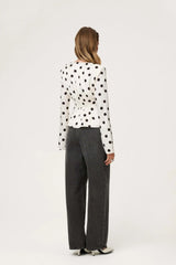 White Polka Dot Long Sleeve Button Satin Top