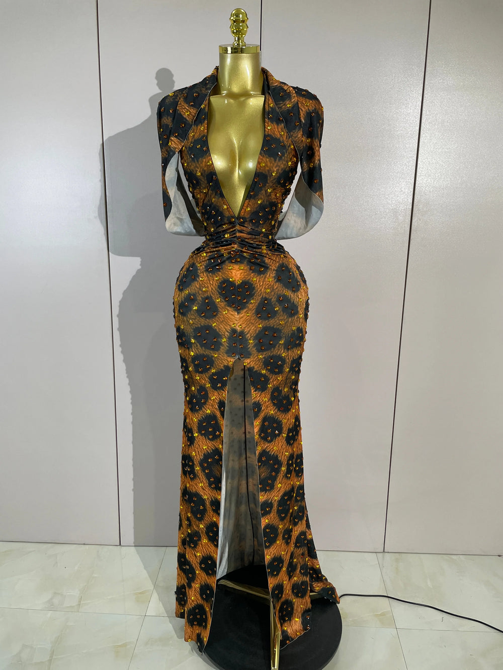 Leopard print embellished V-neck gown front view