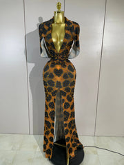 Leopard print embellished V-neck gown front view