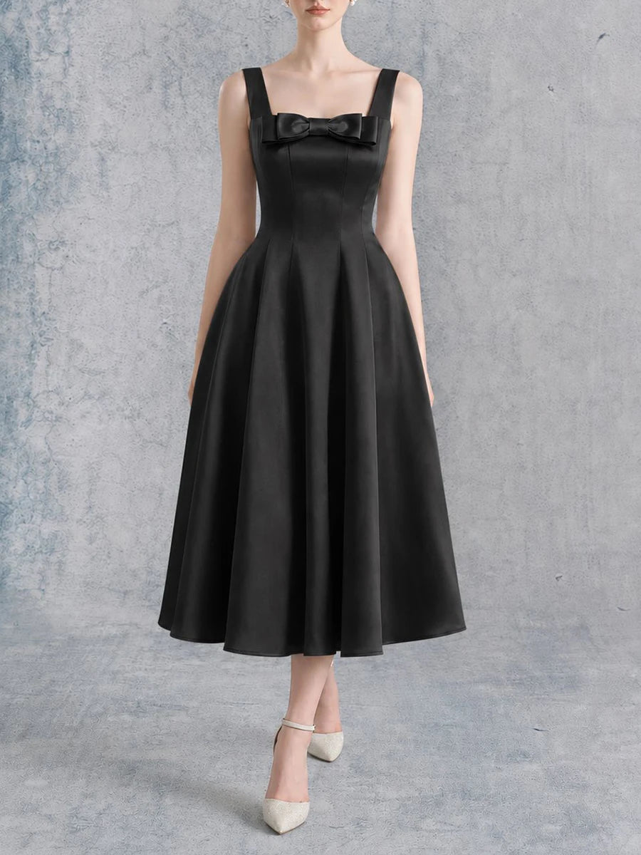 Black bow square neck sleeveless midi dress