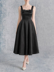 Black bow square neck sleeveless midi dress