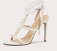 White high-heeled sandal with pearl details on a white background