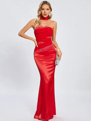 Red Satin Strapless Patchwork Gown with Draped Scarf Detail