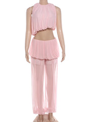Pink Mesh Sleeveless Crop Top and Puff Pants Set
