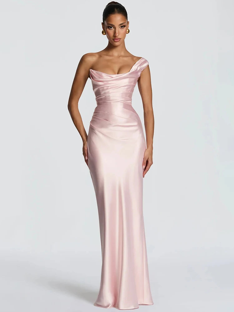 One shoulder cowl neck maxi dress in pink satin