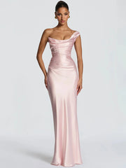 One shoulder cowl neck maxi dress in pink satin