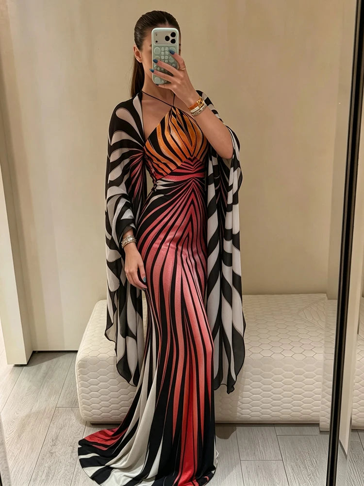 Back view of patchwork halter neck batwing sleeve dress