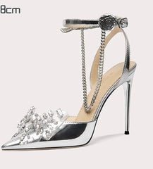 Silver Chain Ankle Stiletto Heels | Butterfly-Knot Party Sandals