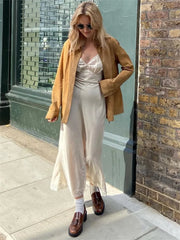 Patchwork Satin Lace Maxi Dress – Elegant V-Neck Evening Gown