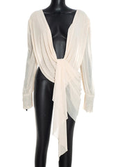 Mesh Draped Plunge Neck Long Sleeve Top